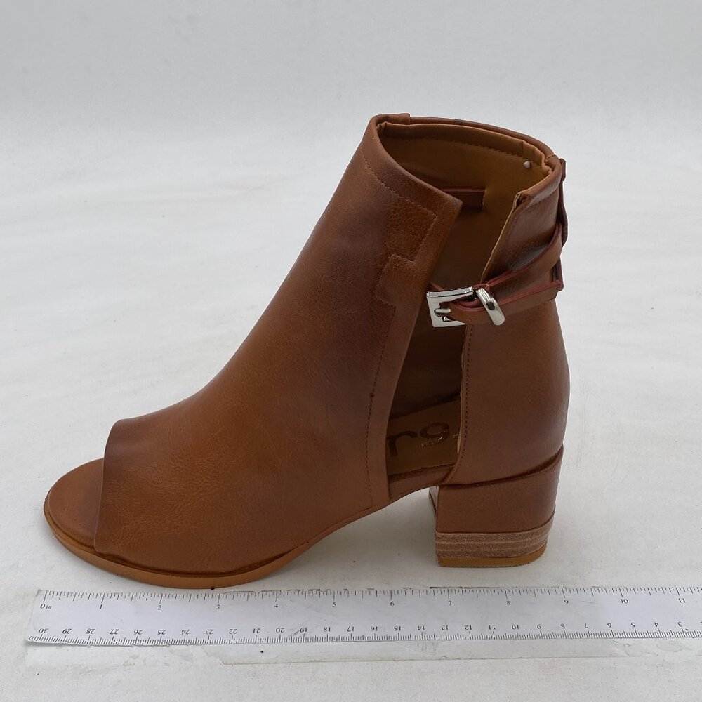 FSJ Brown Peep Open Toe Sandals Boot Cut Out Buckle Block Low Heel Ankle Bootie